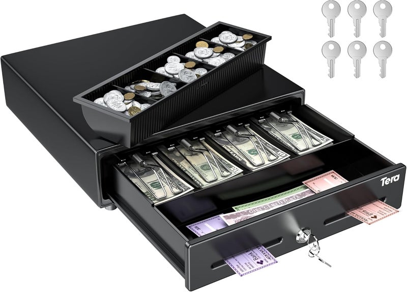 Tera 13" Cash Register Drawer for Point of Sale POS System with 4 Bill 5 Coin Cash Tray 6 Keys Auto Open Removable Coin Compartment Key-Lock 24V RJ12 Interface Media Slot for Small Business 330G - Image 1